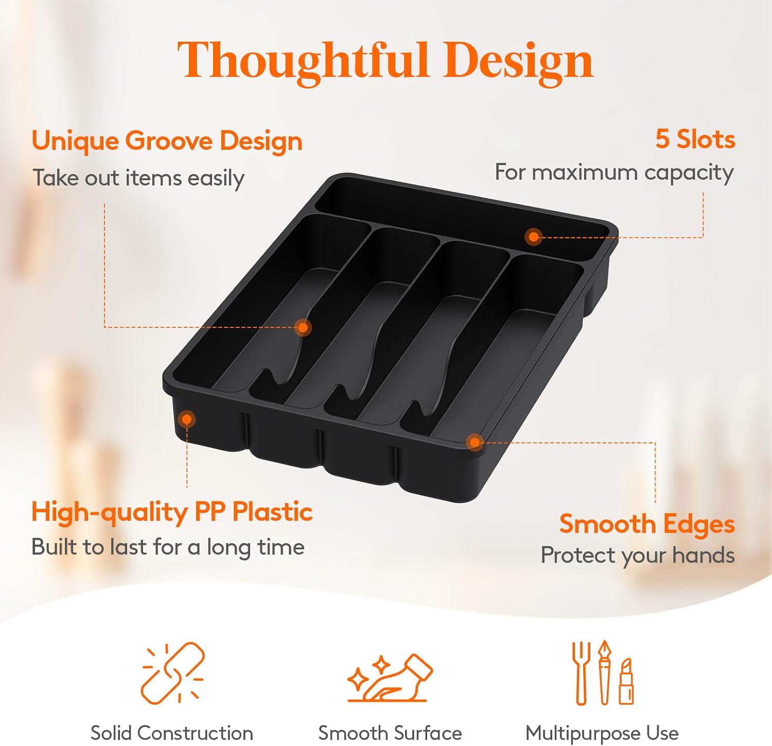 Silverware Drawer Organizer Tray, Plastic Cutlery Storage for Kitchen Drawer, Flatware and Utensil Holder Divider
