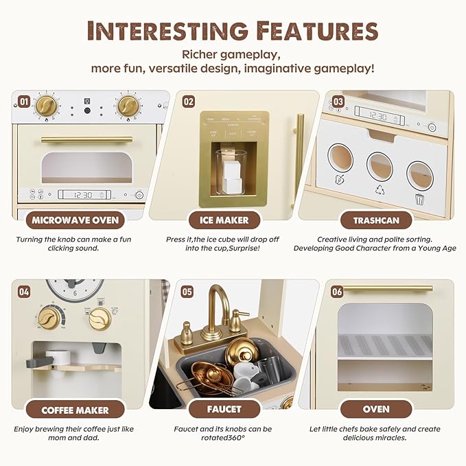 Wooden Play Kitchen, Height Adjustable, Comes with Various Kitchen Accessories