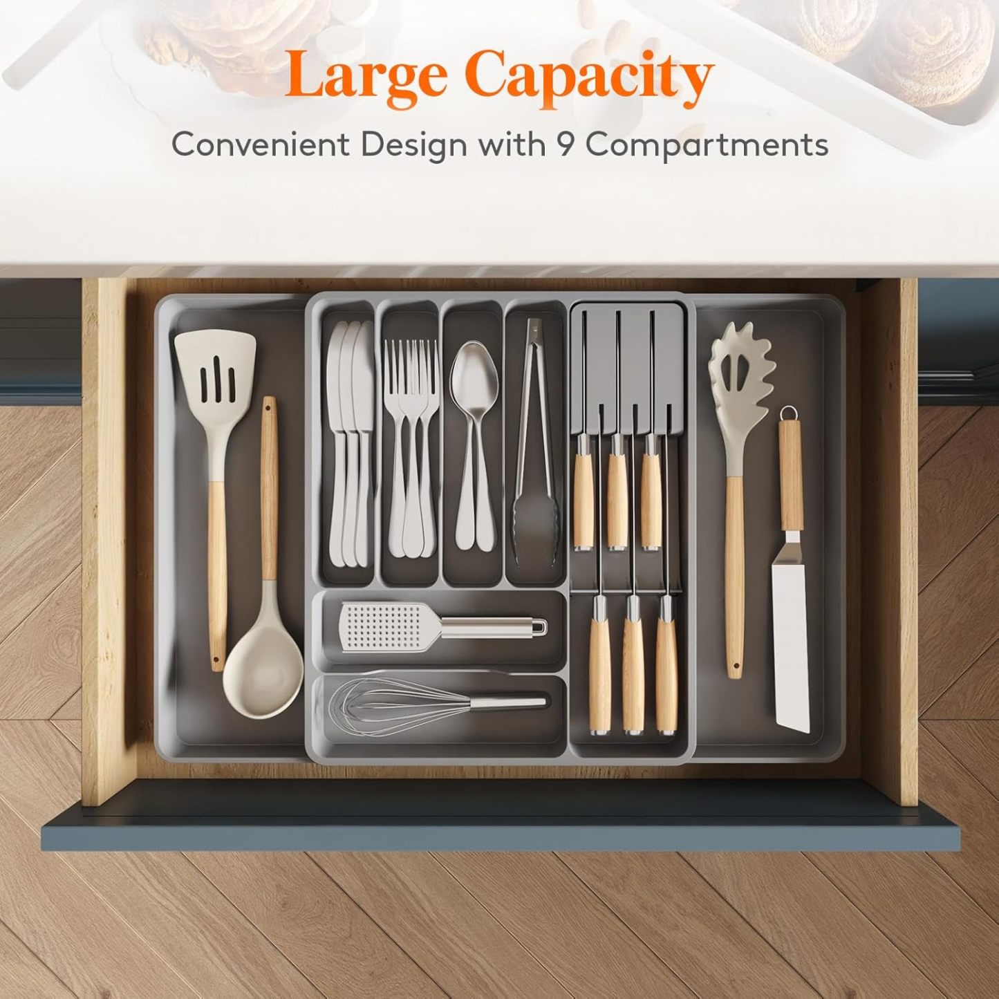 Silverware Organizer for Kitchen Drawers, Expandable Utensil Tray with Removable Knife Block