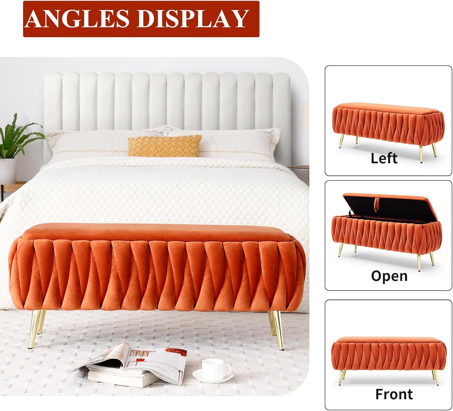 Modern Storage Ottoman Bench, Velvet Upholstered End Bed Bench with Hand Weaving Deign