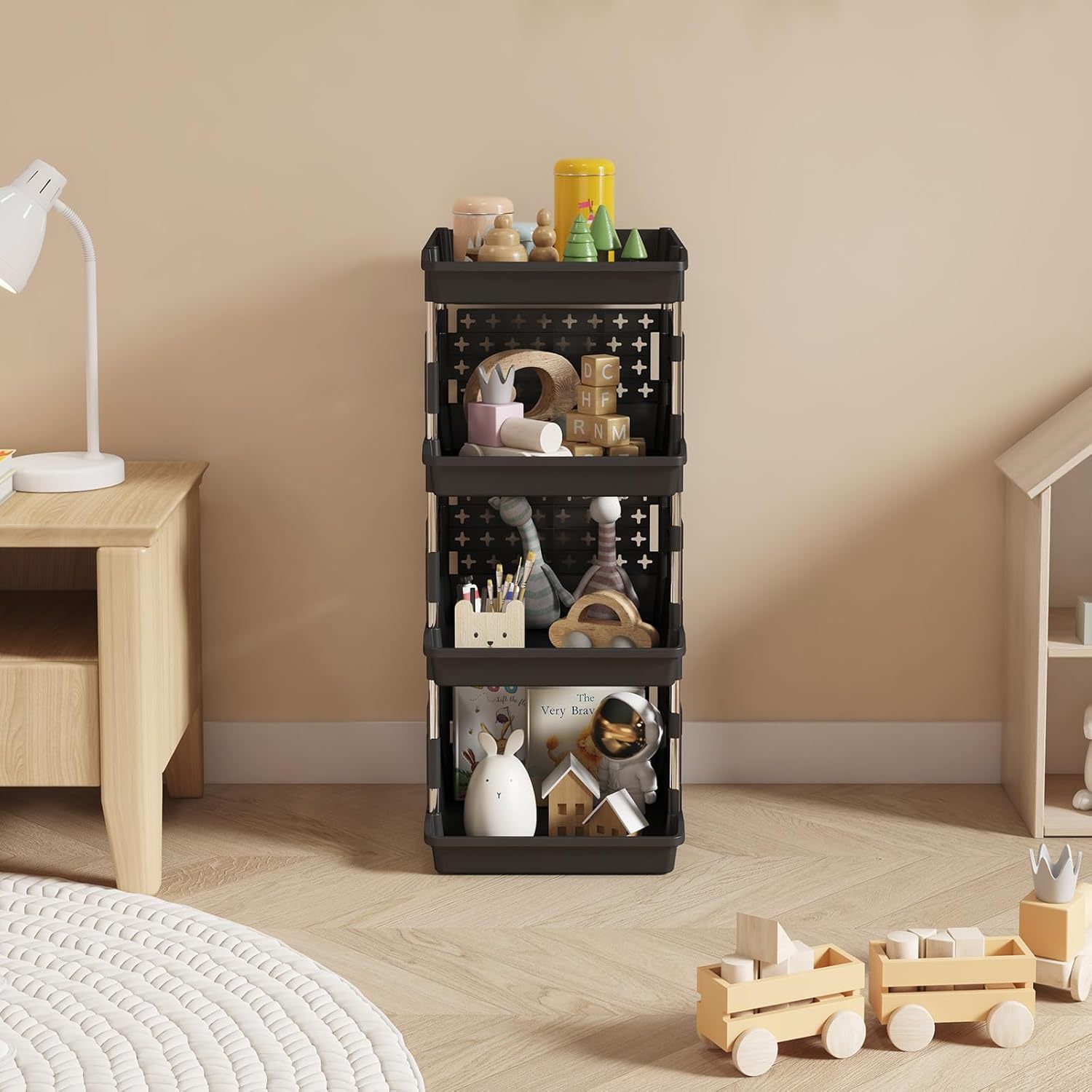 Stackable Storage Bins, 4 Tier Stackable Baskets for Closet, Playroom, Kitchen, Food, and Pantry Organization