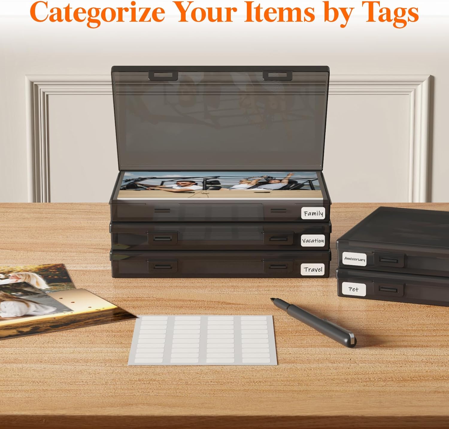 Photo Storage Box 5x7 Photo Case, Each for 9 Inner Keeper, Black Photo Organizer for Seeds Cards Pictures Office Supplies with 1 Sheets Label Sticker, 1 Pack