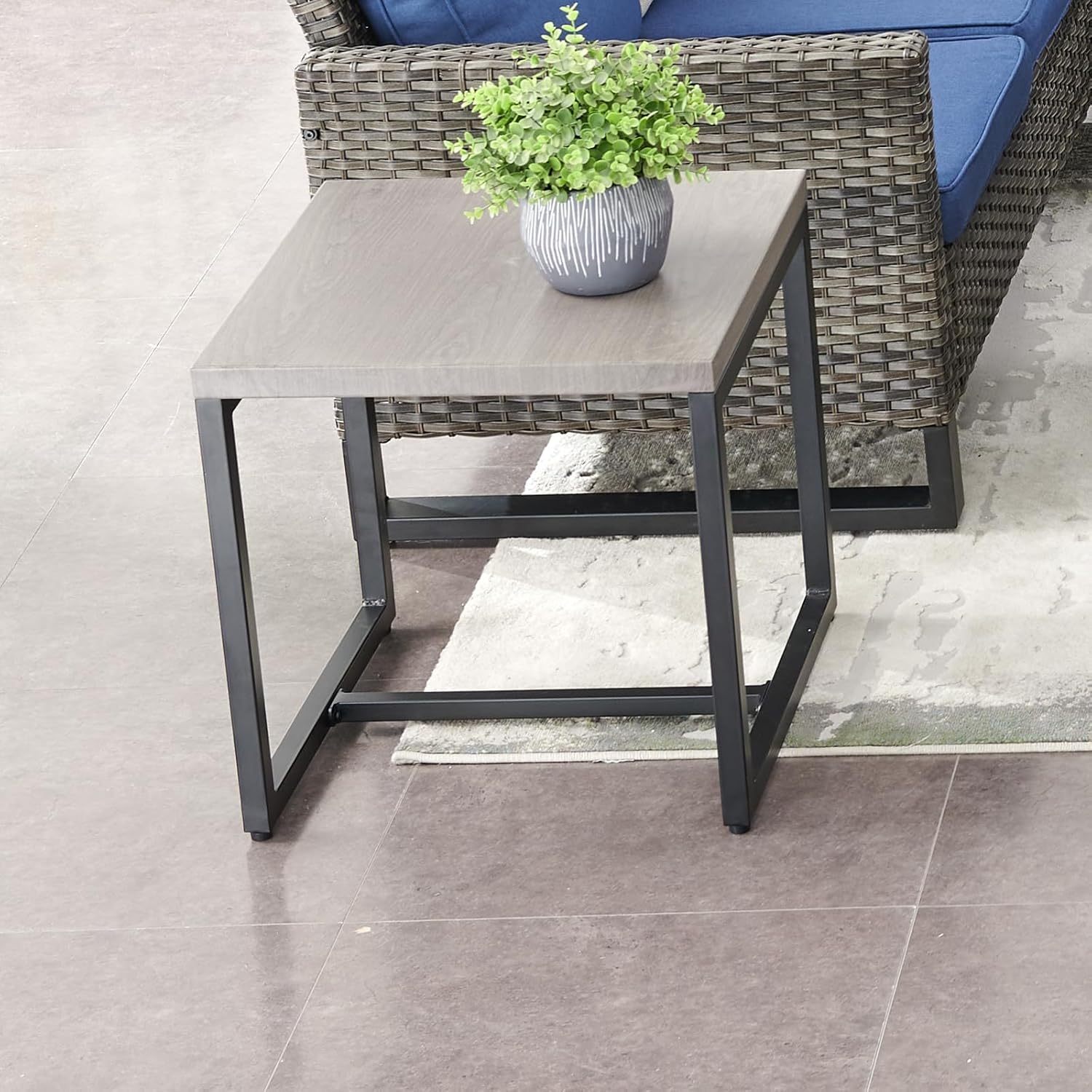 Outdoor Side Table for Patio Furniture Set Imitation Wood Grain Metal Table Top End Table Adjustment Legs