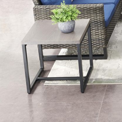 Outdoor Side Table for Patio Furniture Set Imitation Wood Grain Metal Table Top End Table Adjustment Legs