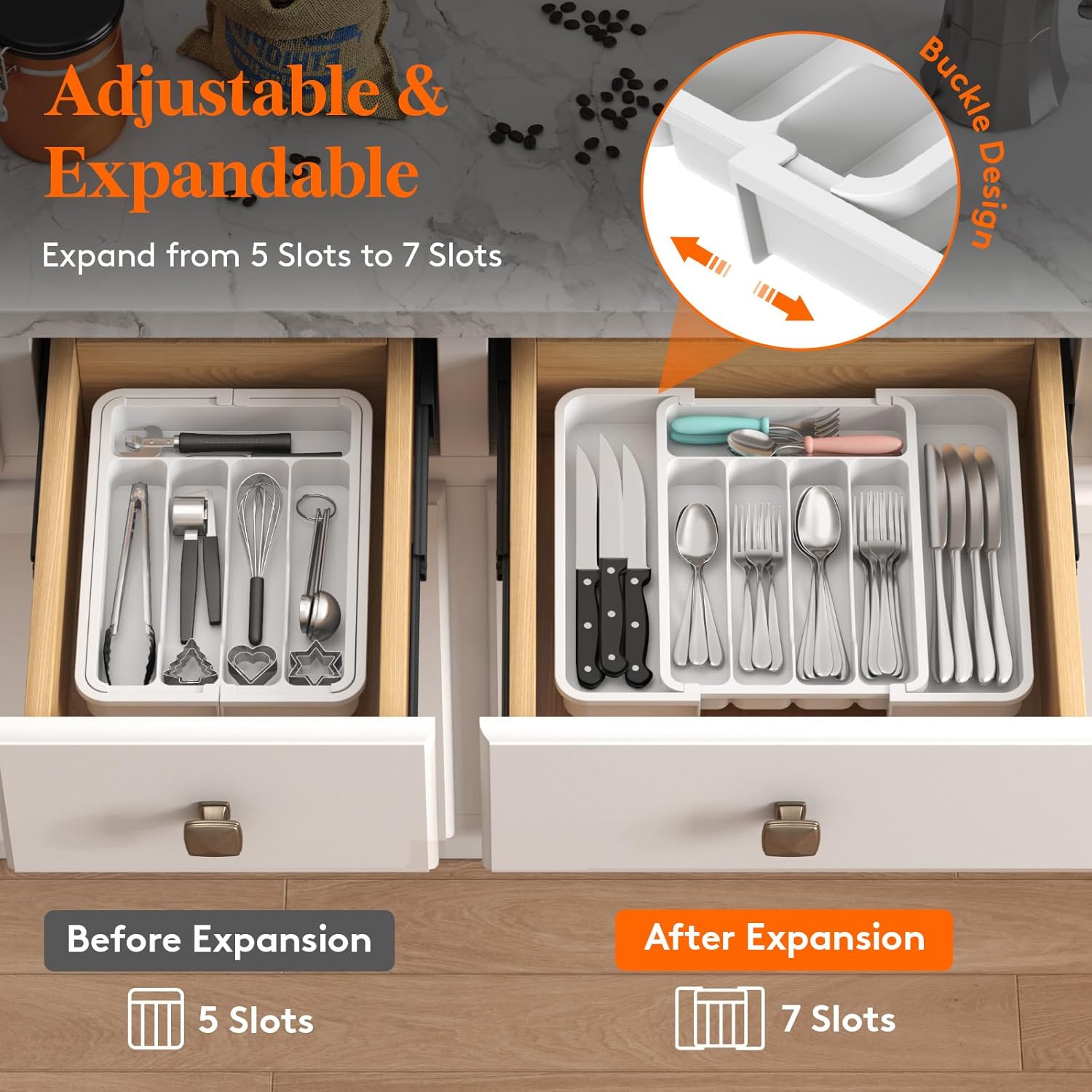 Silverware Drawer Organizer, Expandable BPA Free Utensil Tray for Kitchen, Adjustable Flatware and Cutlery Holder