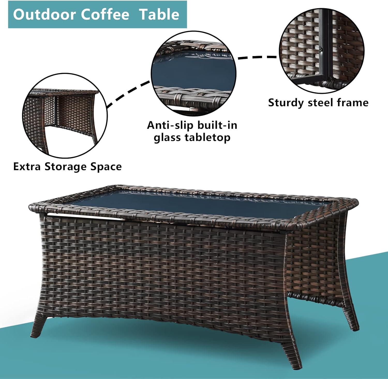 Outdoor Coffee Table Patio Rattan Patio Side Table Built-in Black Glass Top PE Wicker Rectangle Sofa Table Dark Brown