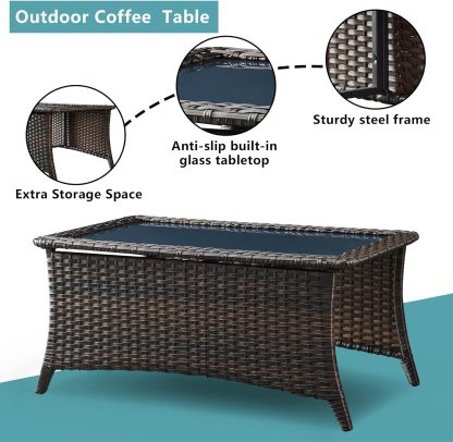Outdoor Coffee Table Patio Rattan Patio Side Table Built-in Black Glass Top PE Wicker Rectangle Sofa Table Dark Brown