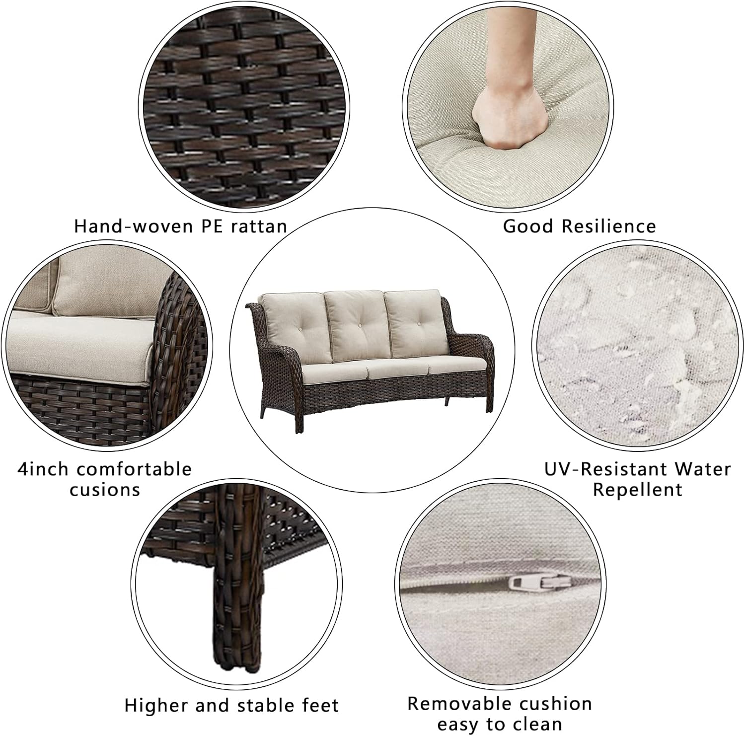 3-Seat Outdoor Wicker Sofa PE Rattan Patio Couch with Cushions,Deep Seat High Curved Back Armset Patio Sofa