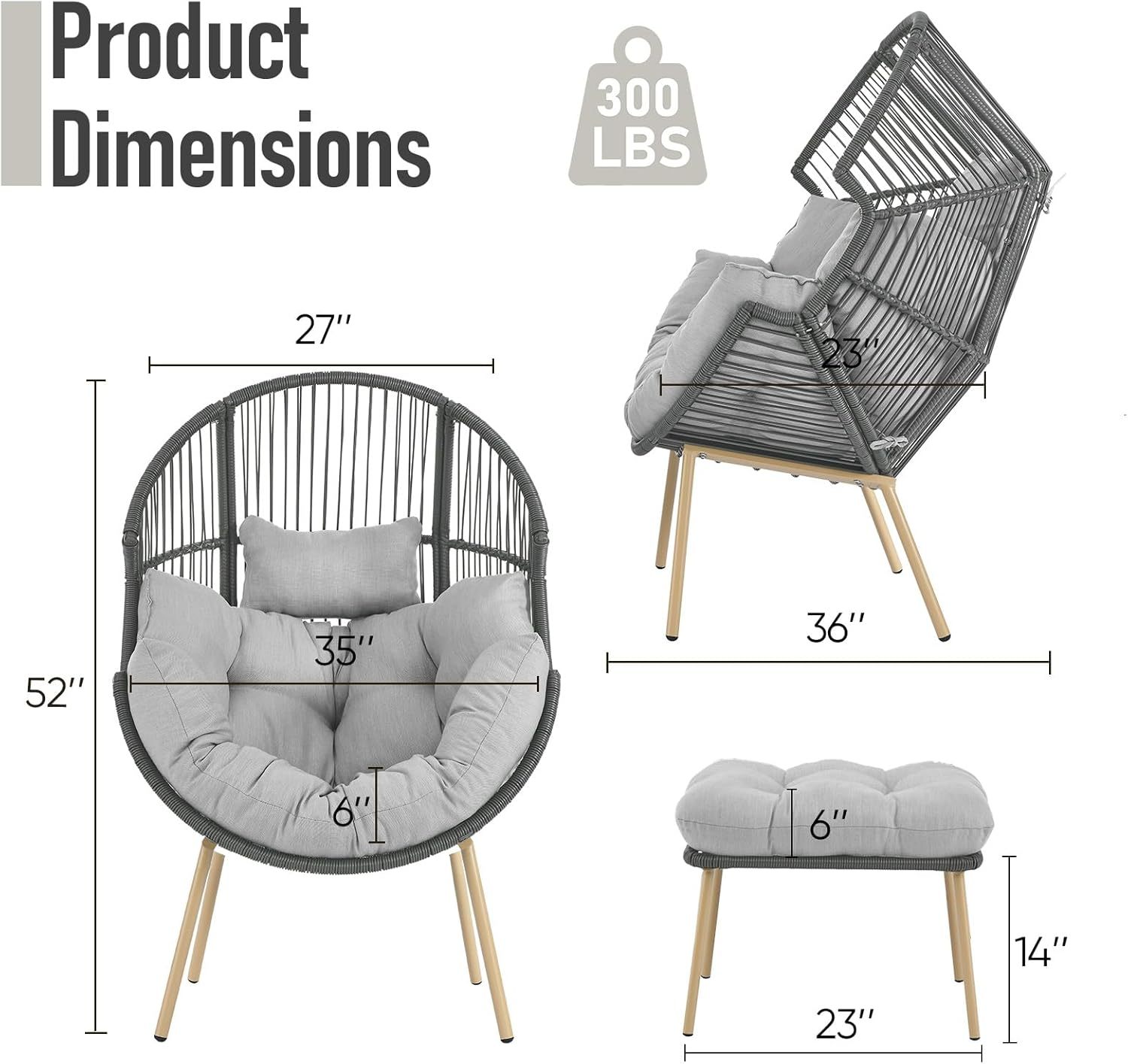 Egg Chair with Ottoman Oversized Outdoor Lounger Wicker Egg Basket Chair with Stand Cushions for Patio Backyard Bedroom Living Room 350LB Capacity