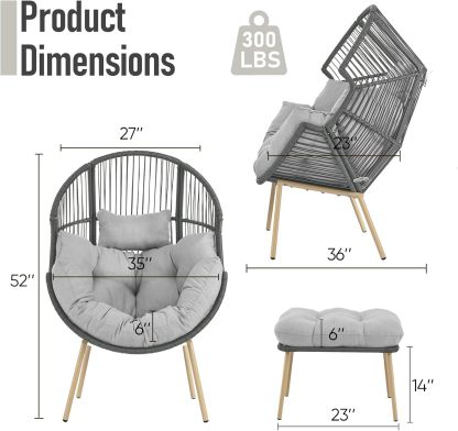 Egg Chair with Ottoman Oversized Outdoor Lounger Wicker Egg Basket Chair with Stand Cushions for Patio Backyard Bedroom Living Room 350LB Capacity