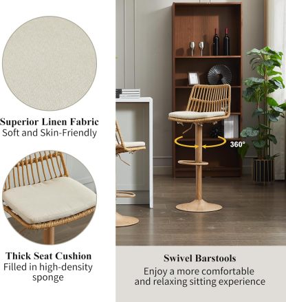 Rattan Bar Stool Set of 2, Linen Upholstered Barstool with Backrest, Swivel Bar Chair with Footrest
