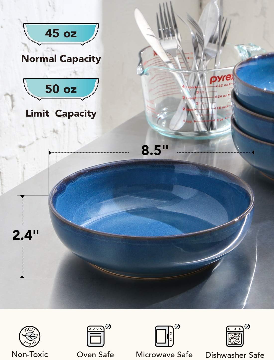 Pasta Bowls 45 Ounce, Ceramic Salad Bowl, Large Serving Bowl Set - Set of 4, Ceylon Blue