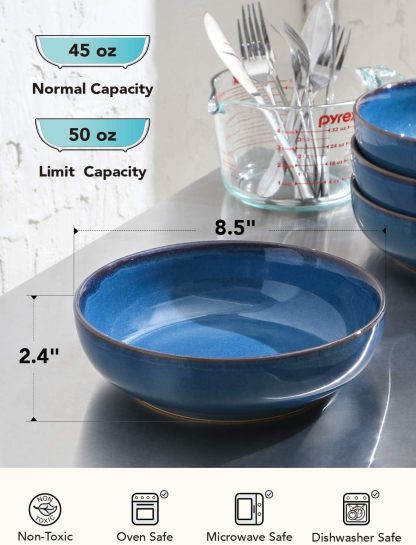 Pasta Bowls 45 Ounce, Ceramic Salad Bowl, Large Serving Bowl Set - Set of 4, Ceylon Blue