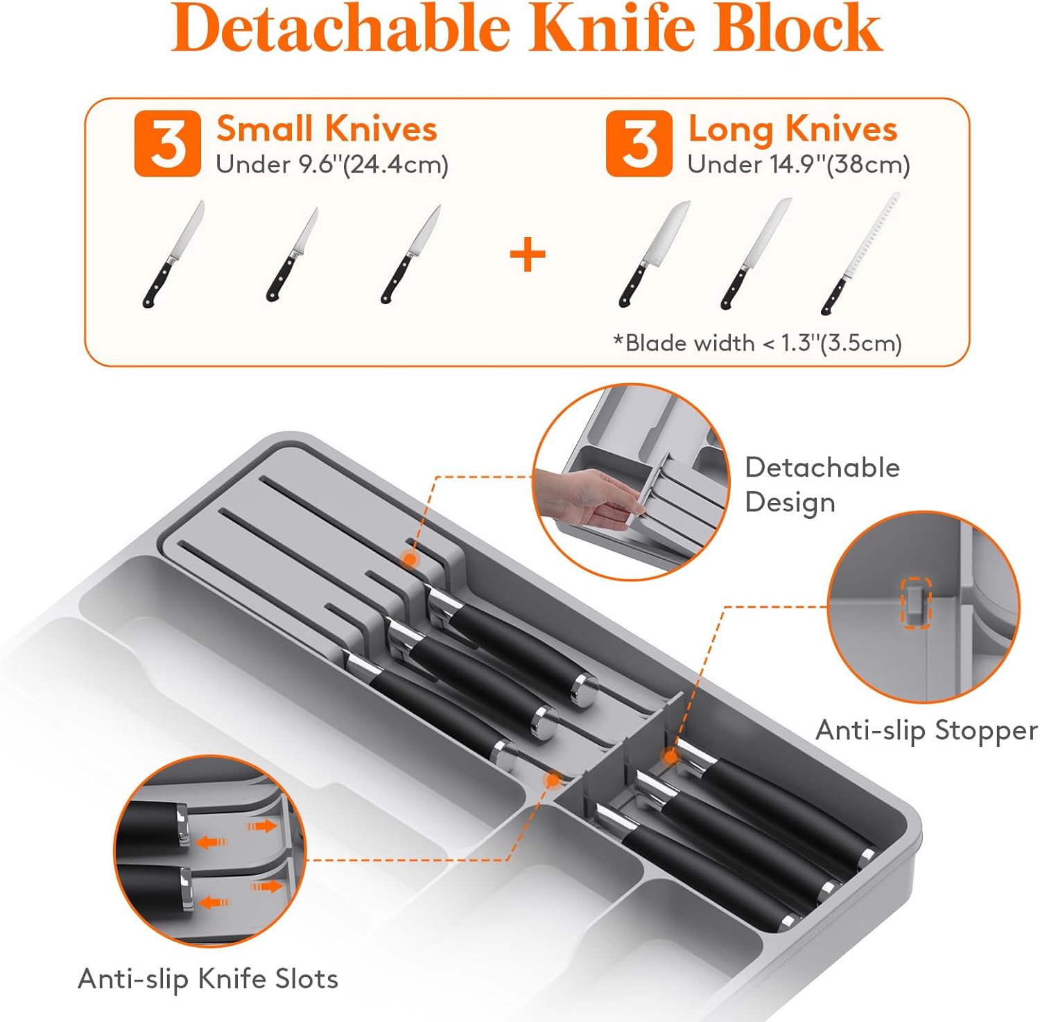 Silverware Organizer for Kitchen Drawers, Expandable Utensil Tray with Removable Knife Block