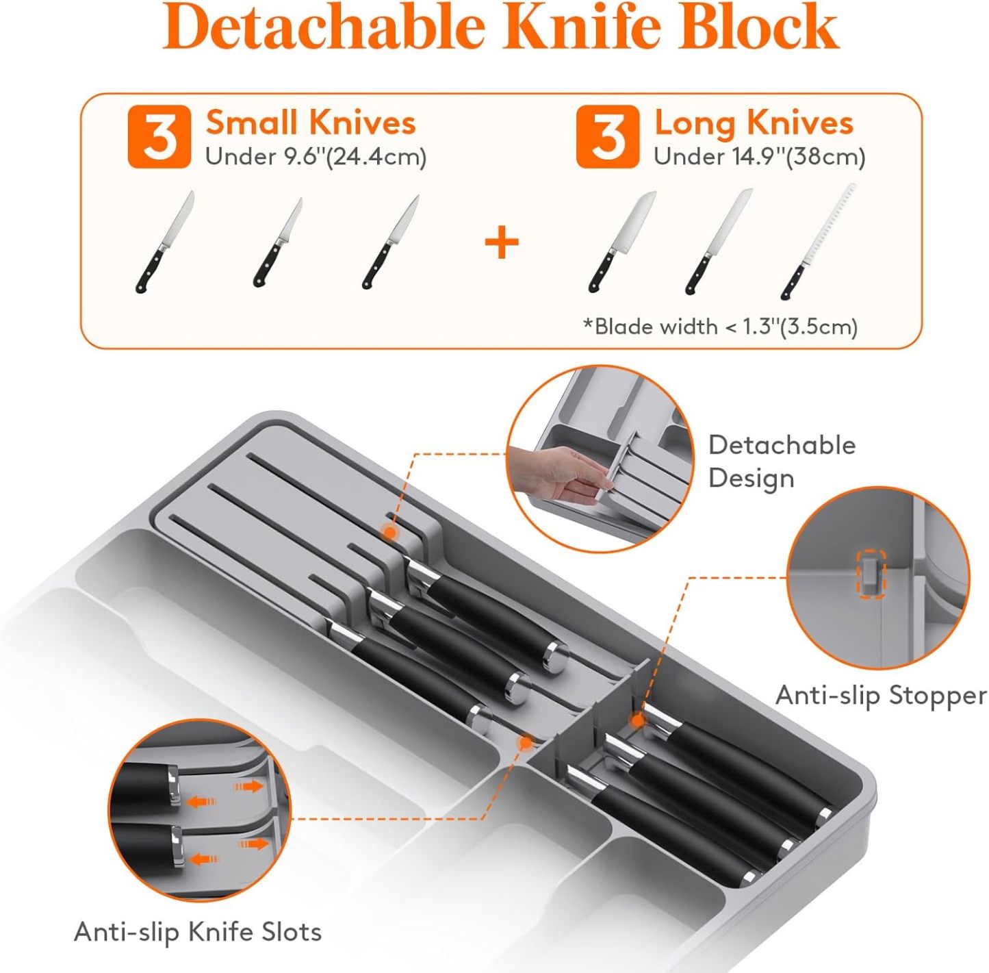 Silverware Organizer for Kitchen Drawers, Expandable Utensil Tray with Removable Knife Block