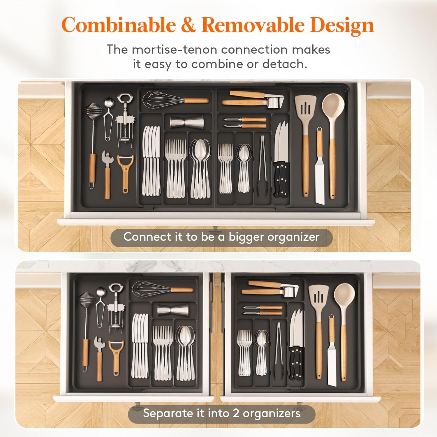 Large Silverware Drawer Organizer, Expandable From 21 to 36 Inches, BPA Free Plastic Utensil Tray for Kitchen