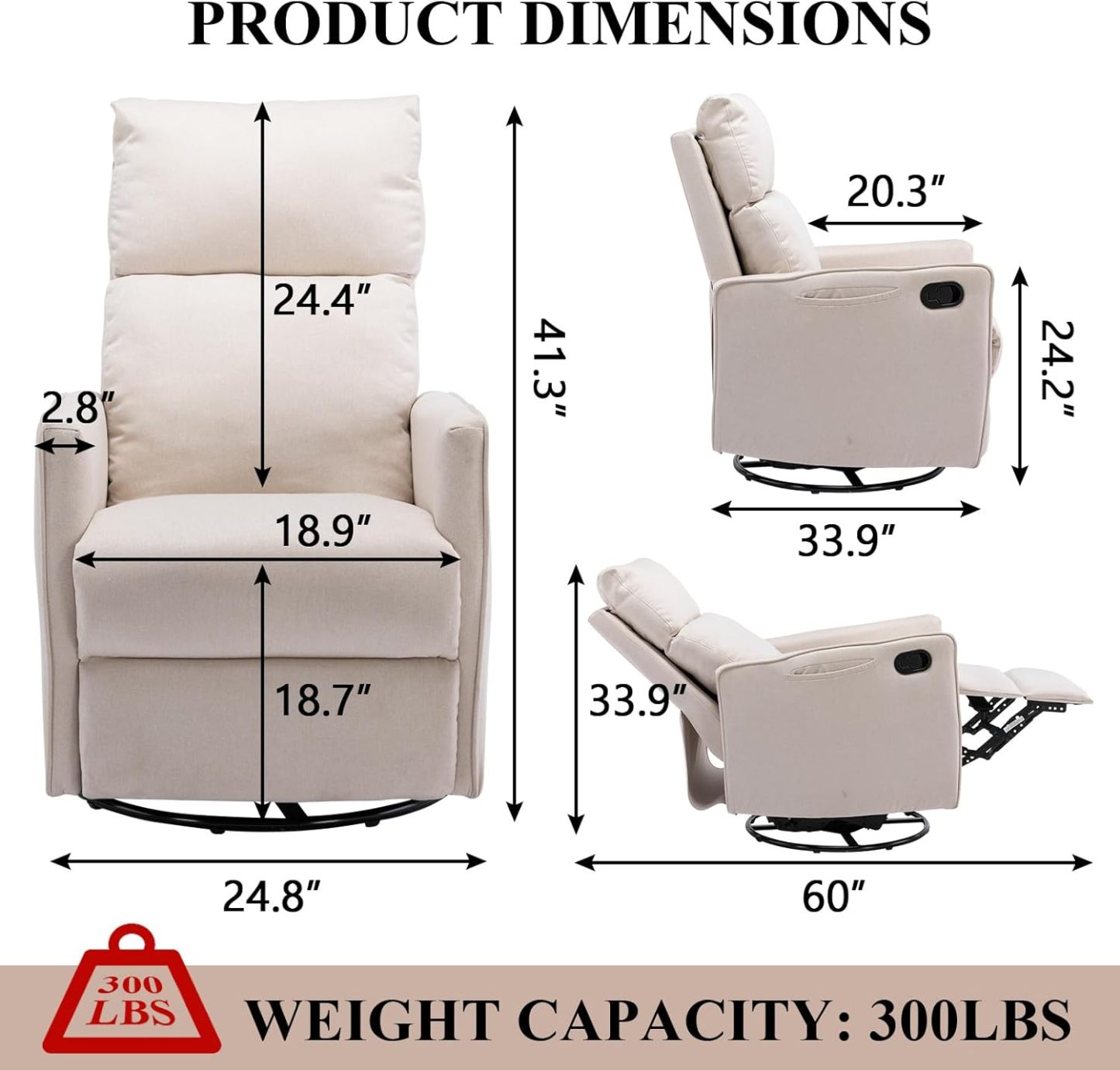 Nursery Rocking Chair, Linen Upholstered Glider Chair with High Backrest and Footrest, Manual Recliner Sofa Chair with Side Pocket