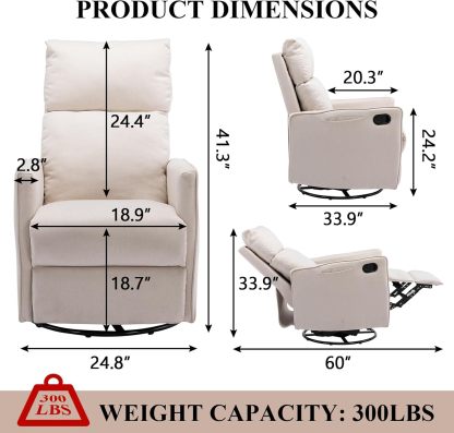 Nursery Rocking Chair, Linen Upholstered Glider Chair with High Backrest and Footrest, Manual Recliner Sofa Chair with Side Pocket