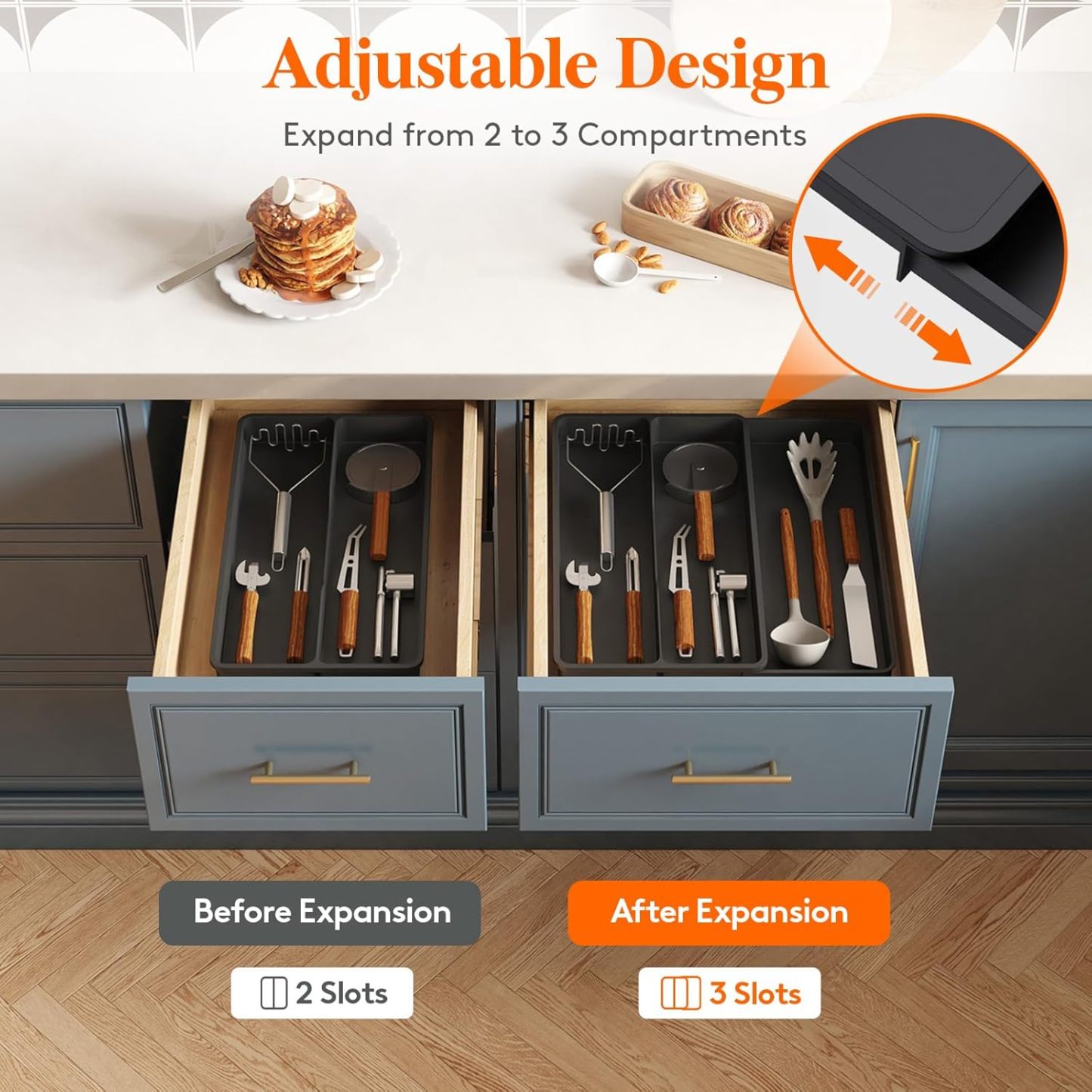 Utensil Drawer Organizer, Expandable Cooking Silverware Tray for Kitchen Drawer, Adjustable Cutlery Flatware Holder