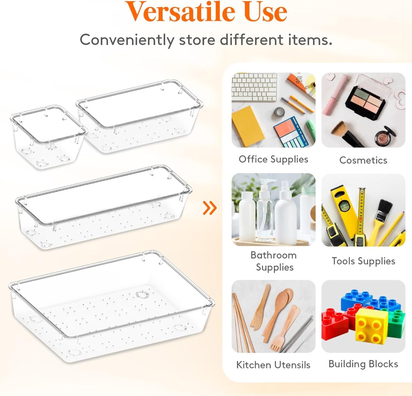 Drawer Organizer 17PCS, 4 Sizes Clear Plastic Desk Drawer Dividers, Storage Separation Bins for Make Up, Kitchen Utensils