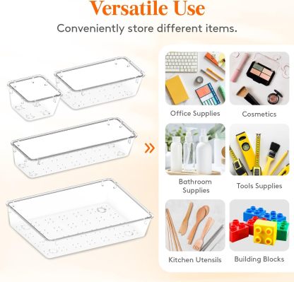 Drawer Organizer 17PCS, 4 Sizes Clear Plastic Desk Drawer Dividers, Storage Separation Bins for Make Up, Kitchen Utensils