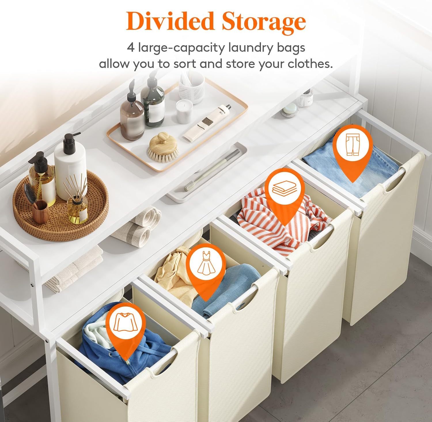 Laundry Hamper 4 Section, 168L Pull out Laundry Clothes Basket Organizer with Shelves and 4 Removable Bags and Handles