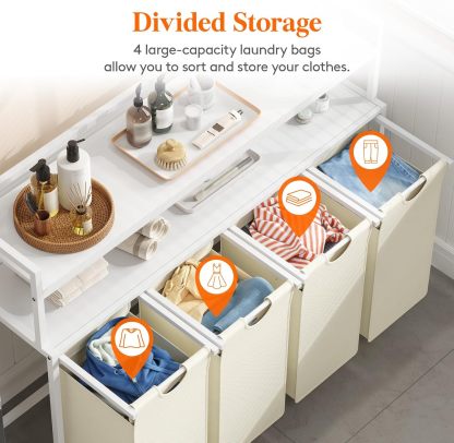 Laundry Hamper 4 Section, 168L Pull out Laundry Clothes Basket Organizer with Shelves and 4 Removable Bags and Handles