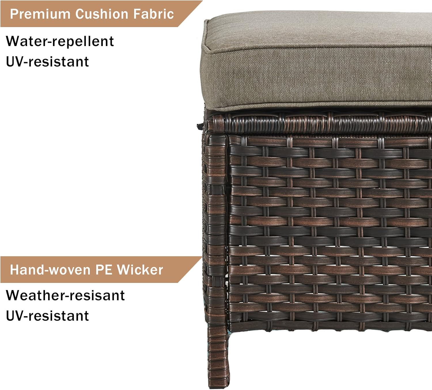 Outdoor Ottomans for Patio Set of 2 PE Wicker Steel Frame Outdoor Footstool for Patio, Backyard, Additional Seating, Side Tables with Removable Weather-Resistant Cushions