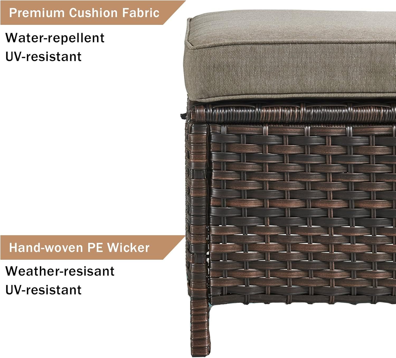 Outdoor Ottomans for Patio Set of 2 PE Wicker Steel Frame Outdoor Footstool for Patio, Backyard, Additional Seating, Side Tables with Removable Weather-Resistant Cushions