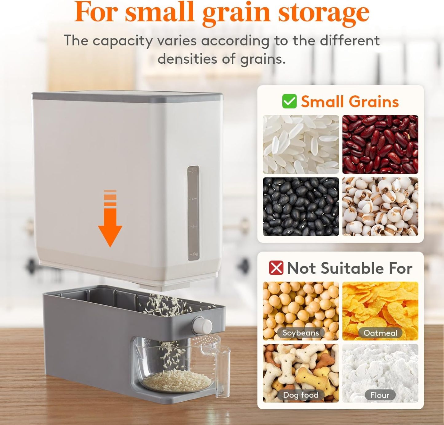 Rice Dispenser 25 Lbs(11.3kg), Rice Storage Container Sealed Moisture Proof with Measuring Cup