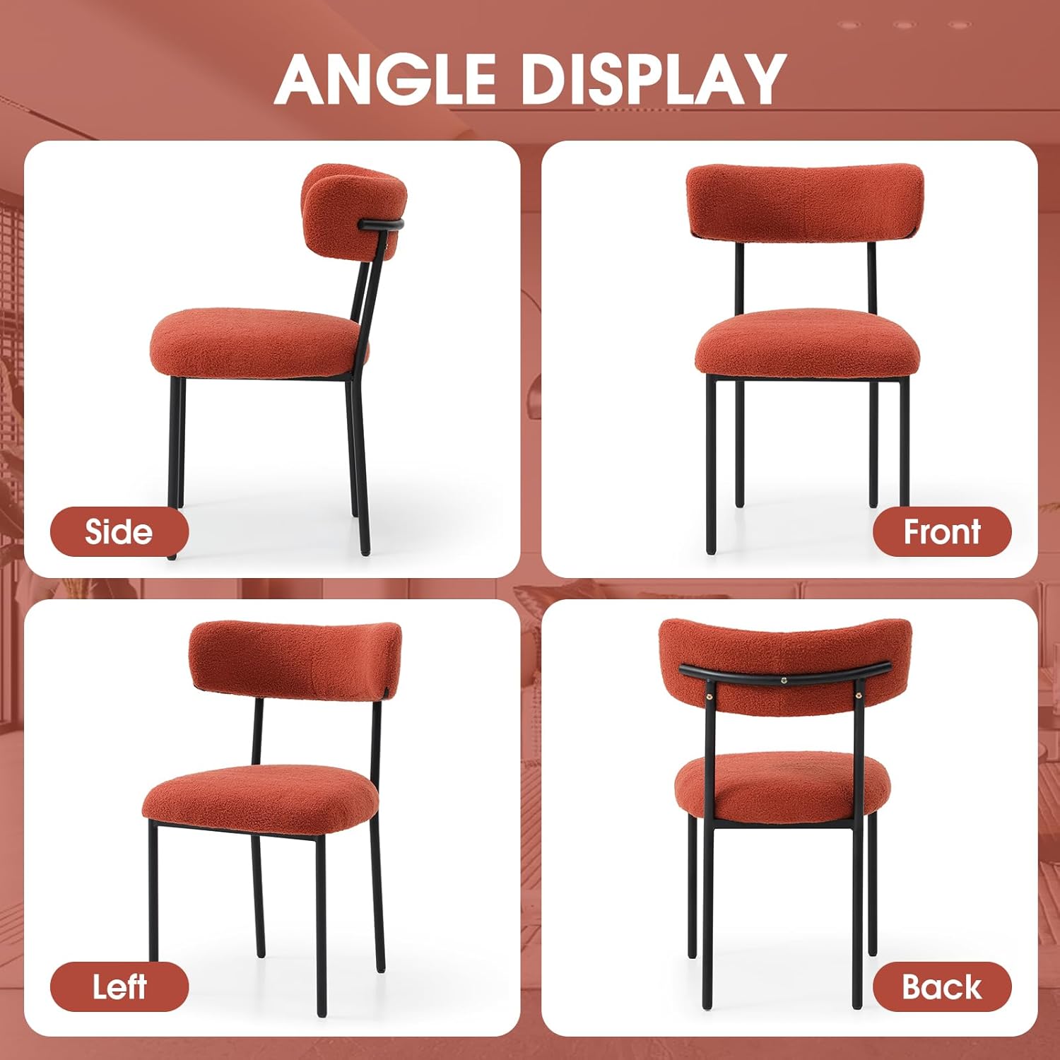 Dining Chairs Set of 2, Teddy Upholstered Side Chairs with Open Back, Comfy Kitchen Chairs with Metal Legs