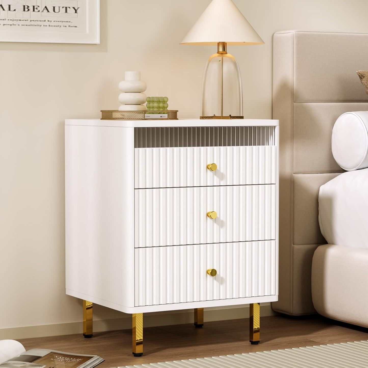 Night Stand, Fluted White Nightstand with 3 Drawers, End Table with Gold Legs and Handles