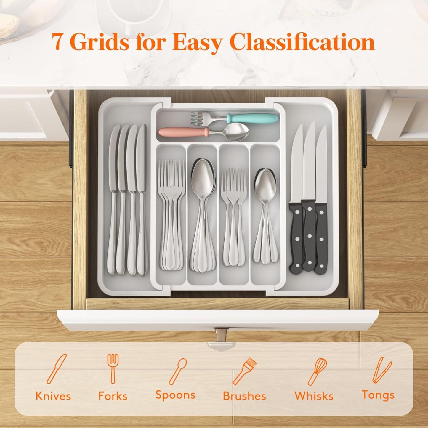 Silverware Drawer Organizer, Expandable BPA Free Utensil Tray for Kitchen, Adjustable Flatware and Cutlery Holder