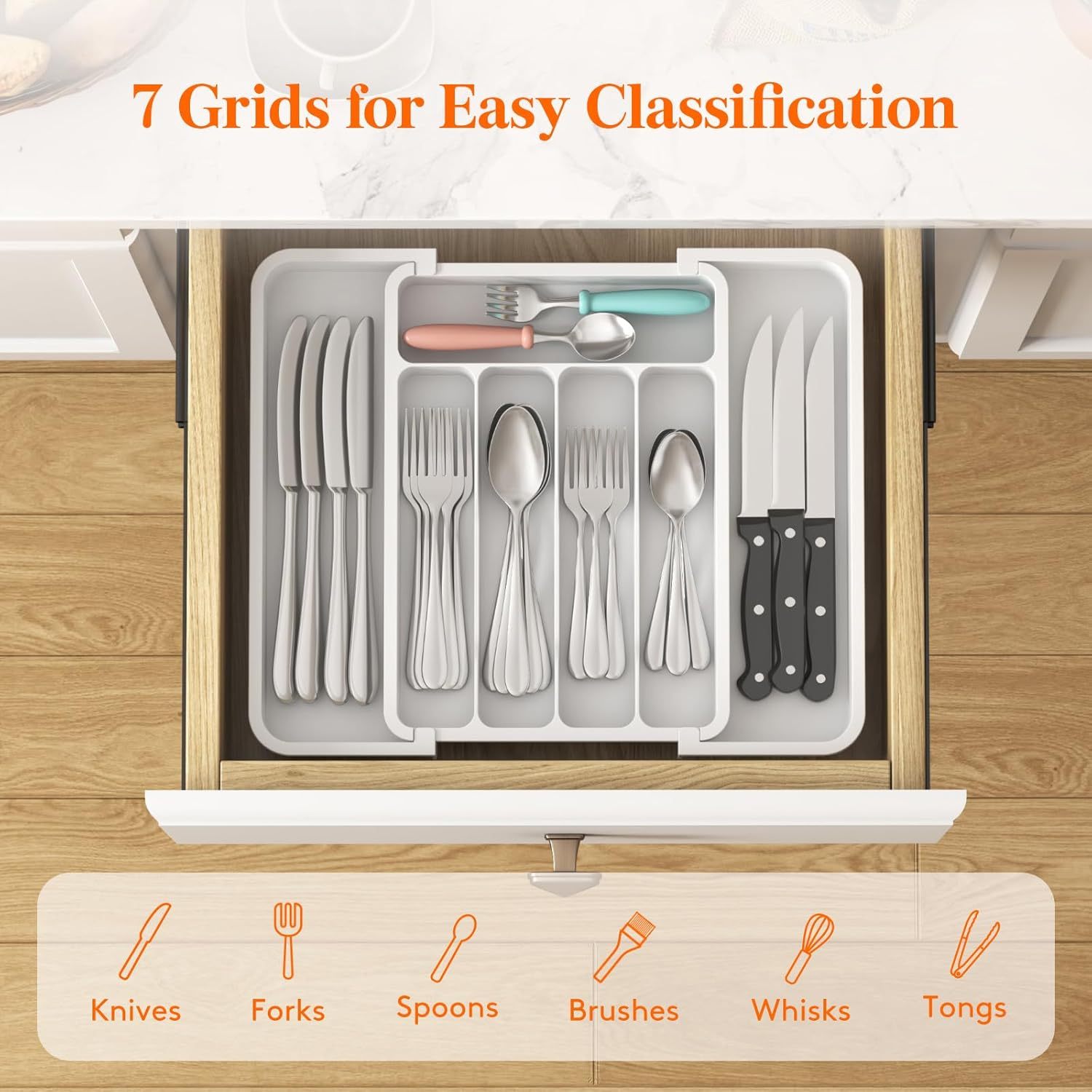 Silverware Drawer Organizer, Expandable BPA Free Utensil Tray for Kitchen, Adjustable Flatware and Cutlery Holder