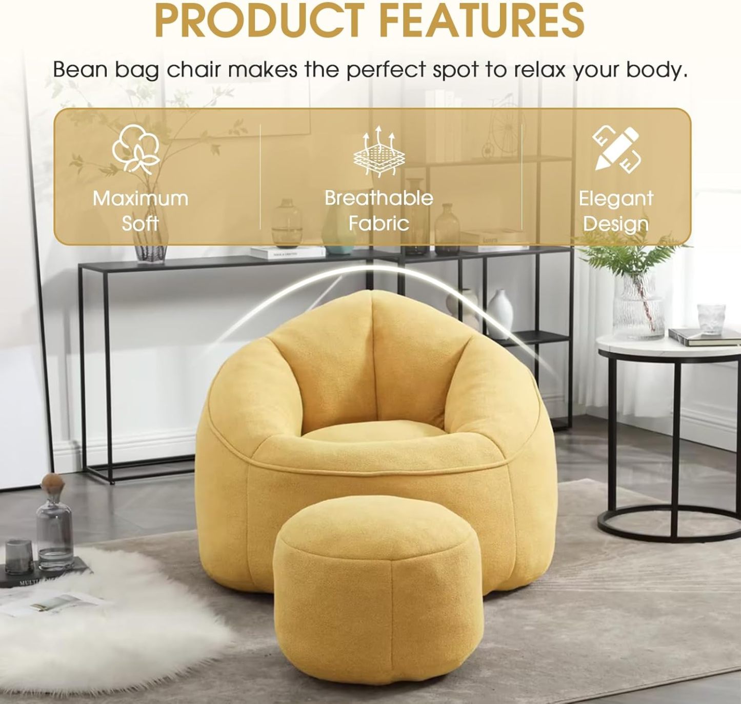 Bean Bag Chair for Adult, Microfiber Upholstered Bean Bag Sofa with Petal Back, Shell-Shaped Beanbag Chair with Footstool