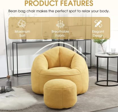 Bean Bag Chair for Adult, Microfiber Upholstered Bean Bag Sofa with Petal Back, Shell-Shaped Beanbag Chair with Footstool