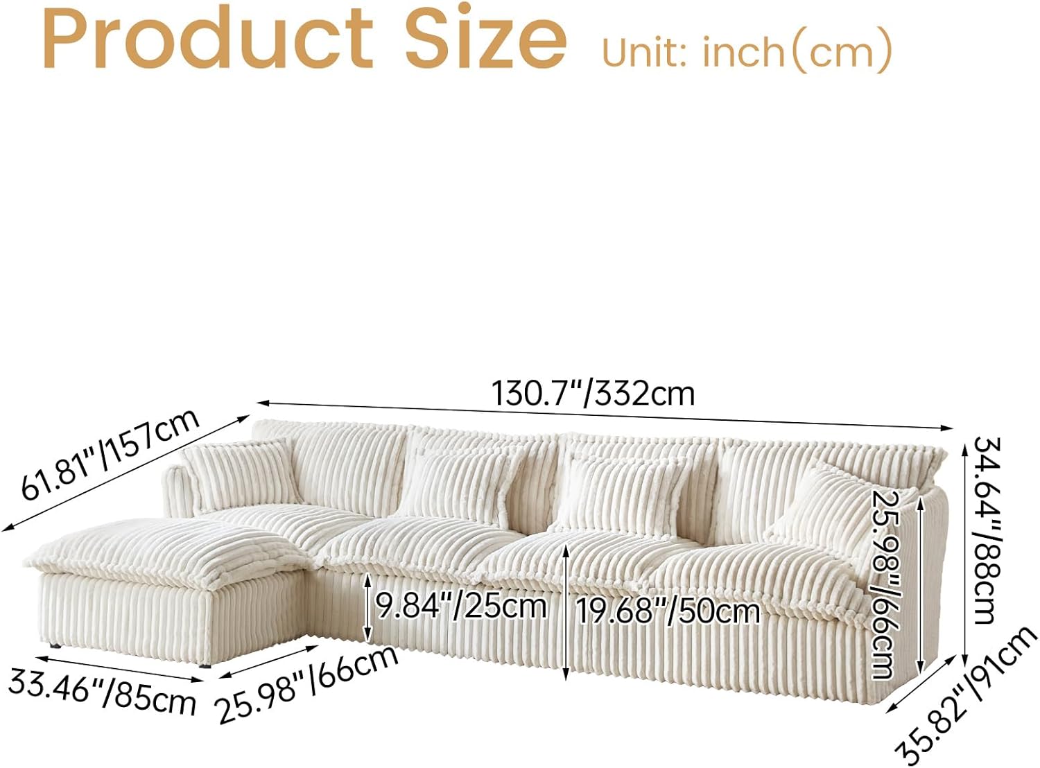 130.7" Corduroy Futon Couch, 4 Seater White Cloud Couch with Ottoman, Comfy Soft Sofa, Modern Corduroy Couch for Bedroom, Living Room