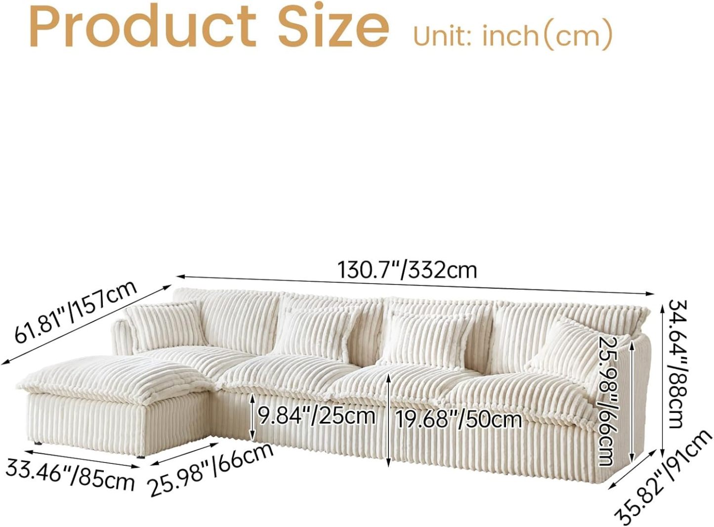 130.7" Corduroy Futon Couch, 4 Seater White Cloud Couch with Ottoman, Comfy Soft Sofa, Modern Corduroy Couch for Bedroom, Living Room