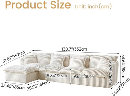 130.7" Corduroy Futon Couch, 4 Seater White Cloud Couch with Ottoman, Comfy Soft Sofa, Modern Corduroy Couch for Bedroom, Living Room