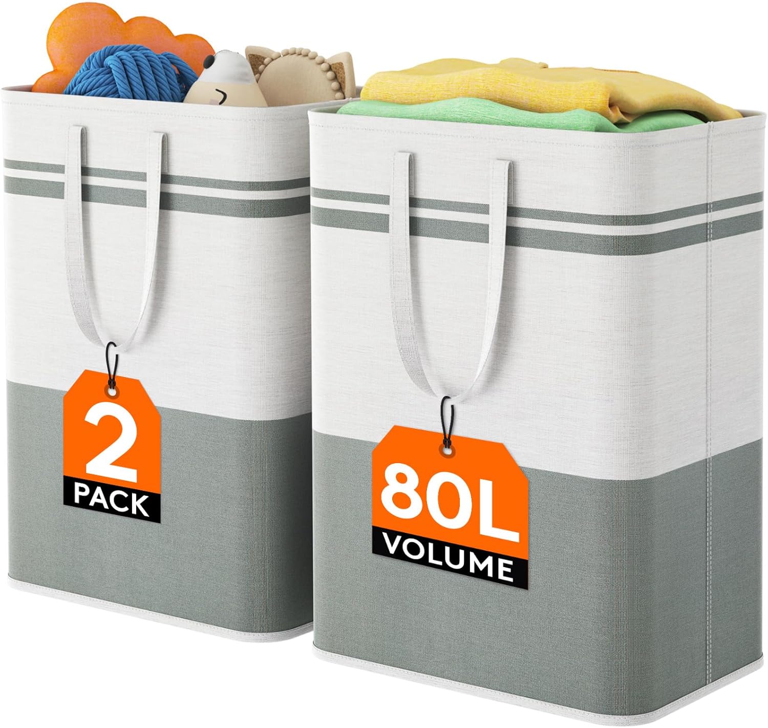 2 Pack 80L Large Freestanding Laundry Hamper, Collapsible Laundry Basket with Easy Carry Handles, Waterproof Tall Clothes Hamper