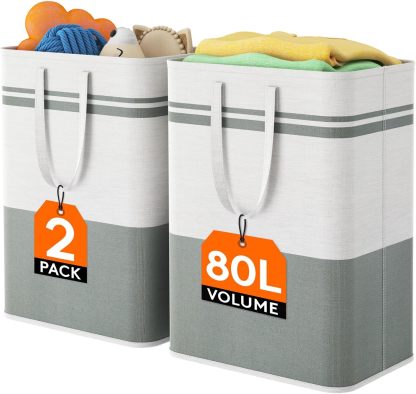 2 Pack 80L Large Freestanding Laundry Hamper, Collapsible Laundry Basket with Easy Carry Handles, Waterproof Tall Clothes Hamper