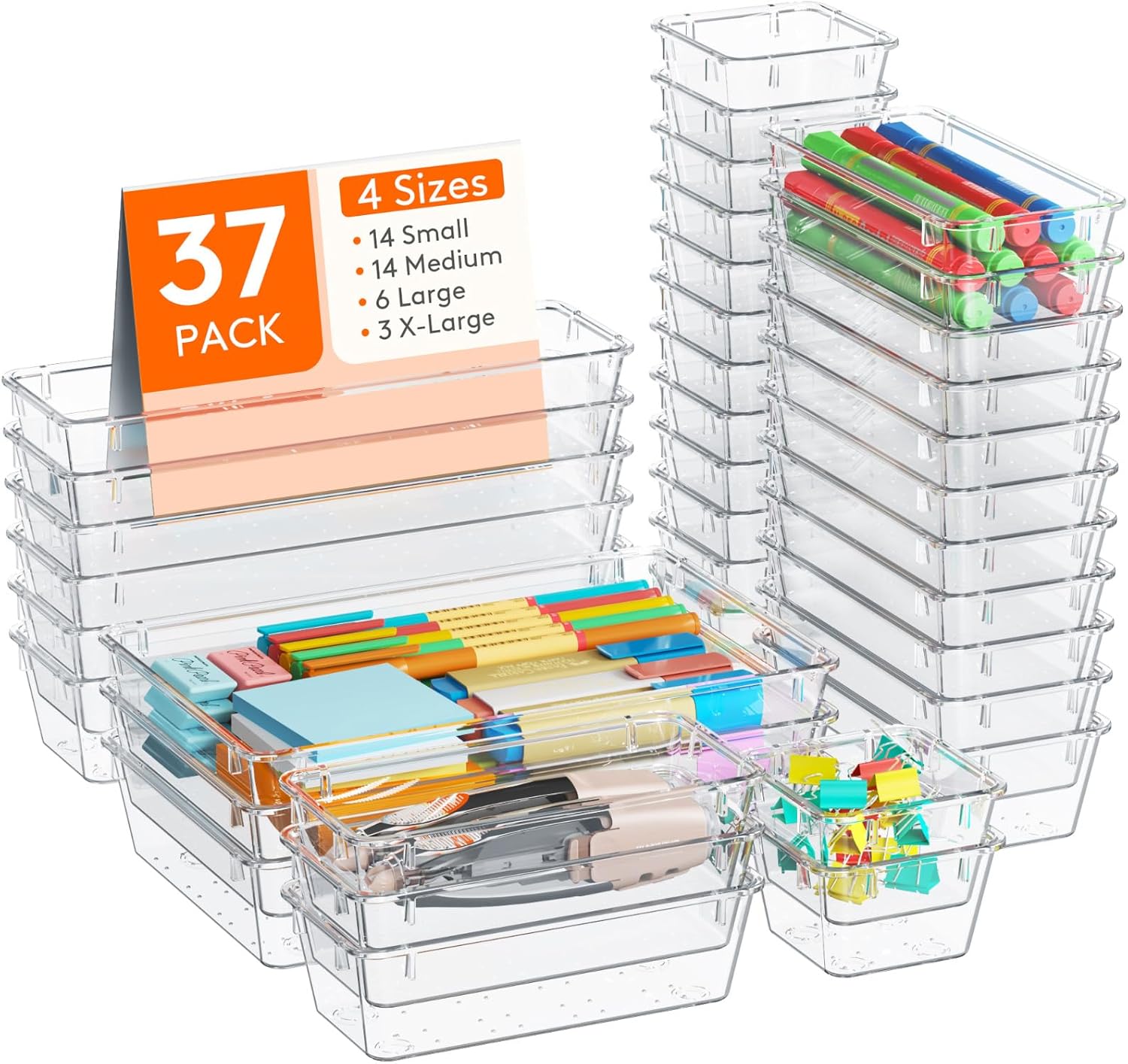 Drawer Organizer 37PCS, 4 Sizes Clear Plastic Desk Drawer Dividers, Storage Separation Bins for Make Up, Kitchen Utensils