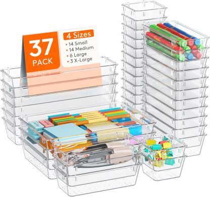 Drawer Organizer 37PCS, 4 Sizes Clear Plastic Desk Drawer Dividers, Storage Separation Bins for Make Up, Kitchen Utensils