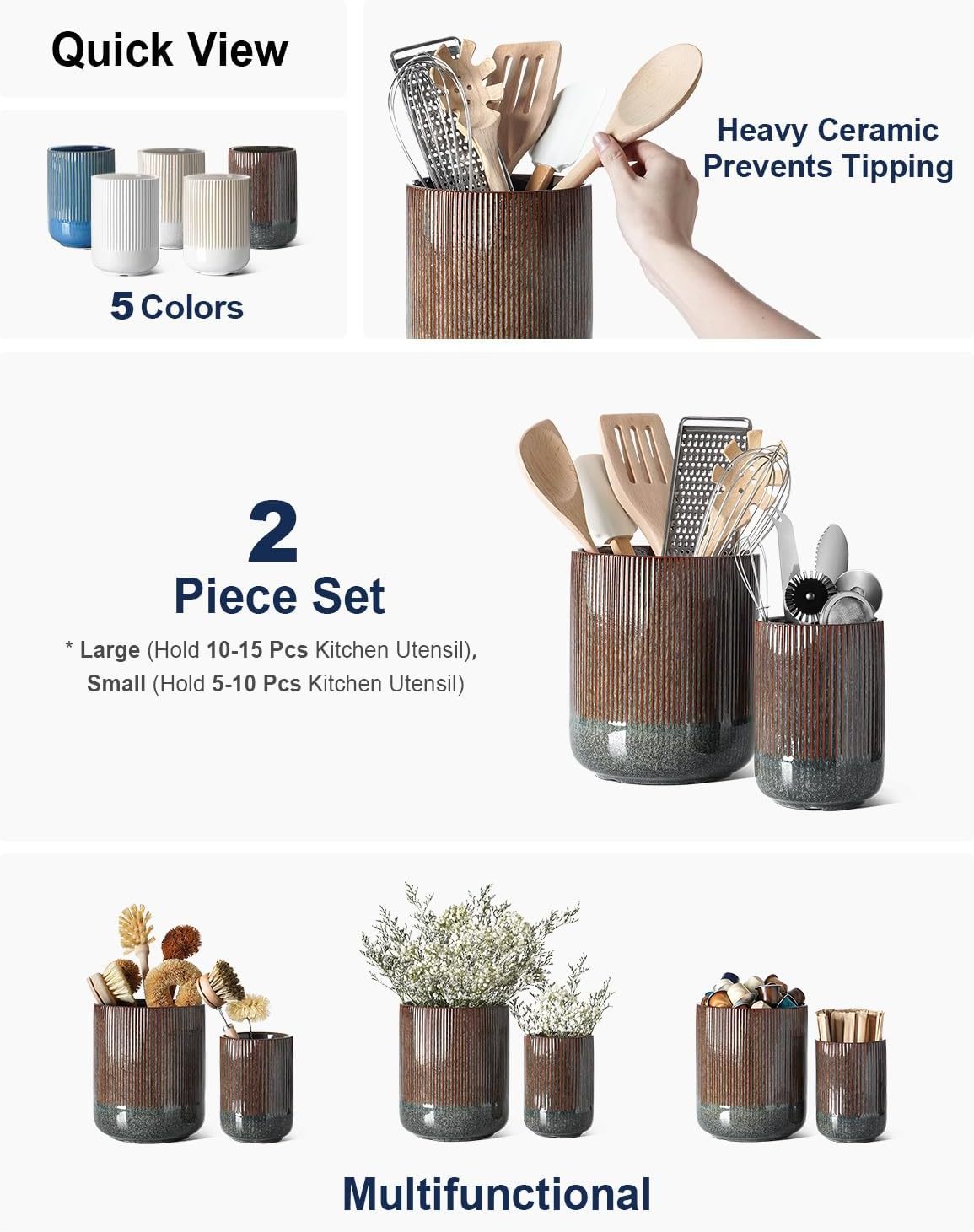 Utensil Holder, 7.3"+5.4" Ceramic Kitchen Utensil Holder for Countertop, Black Cooking Utensil Crocks for Kitchen Counter, Morden Utensil Organizer for Spatula, Set of 2, Marble Dark Olive