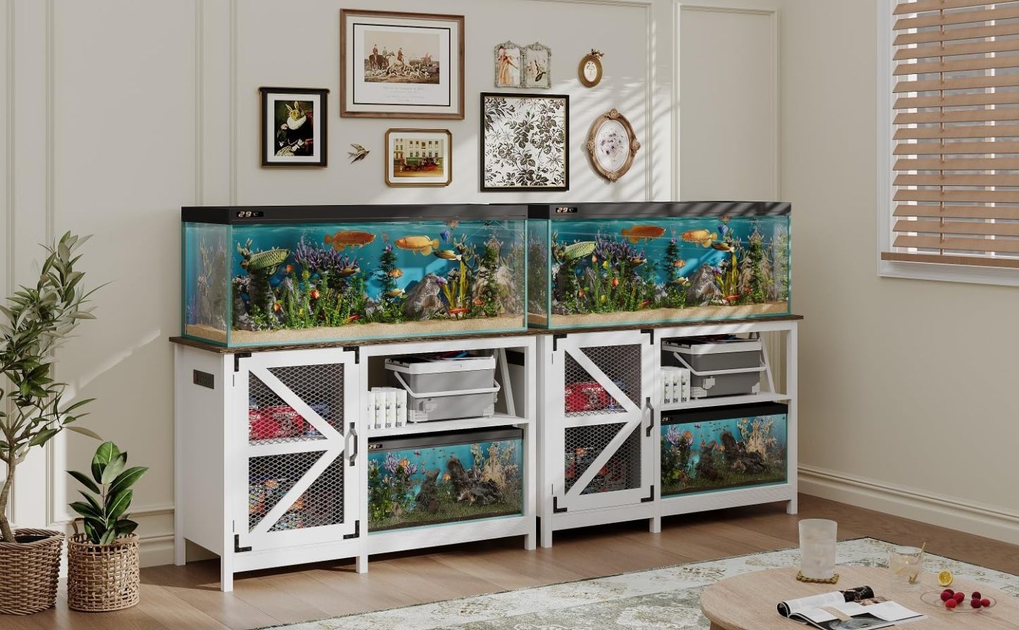 55-75 Gallon Fish Tank Stand with Power Outlets, Farmhouse Aquarium Stand with Cabinet Storage