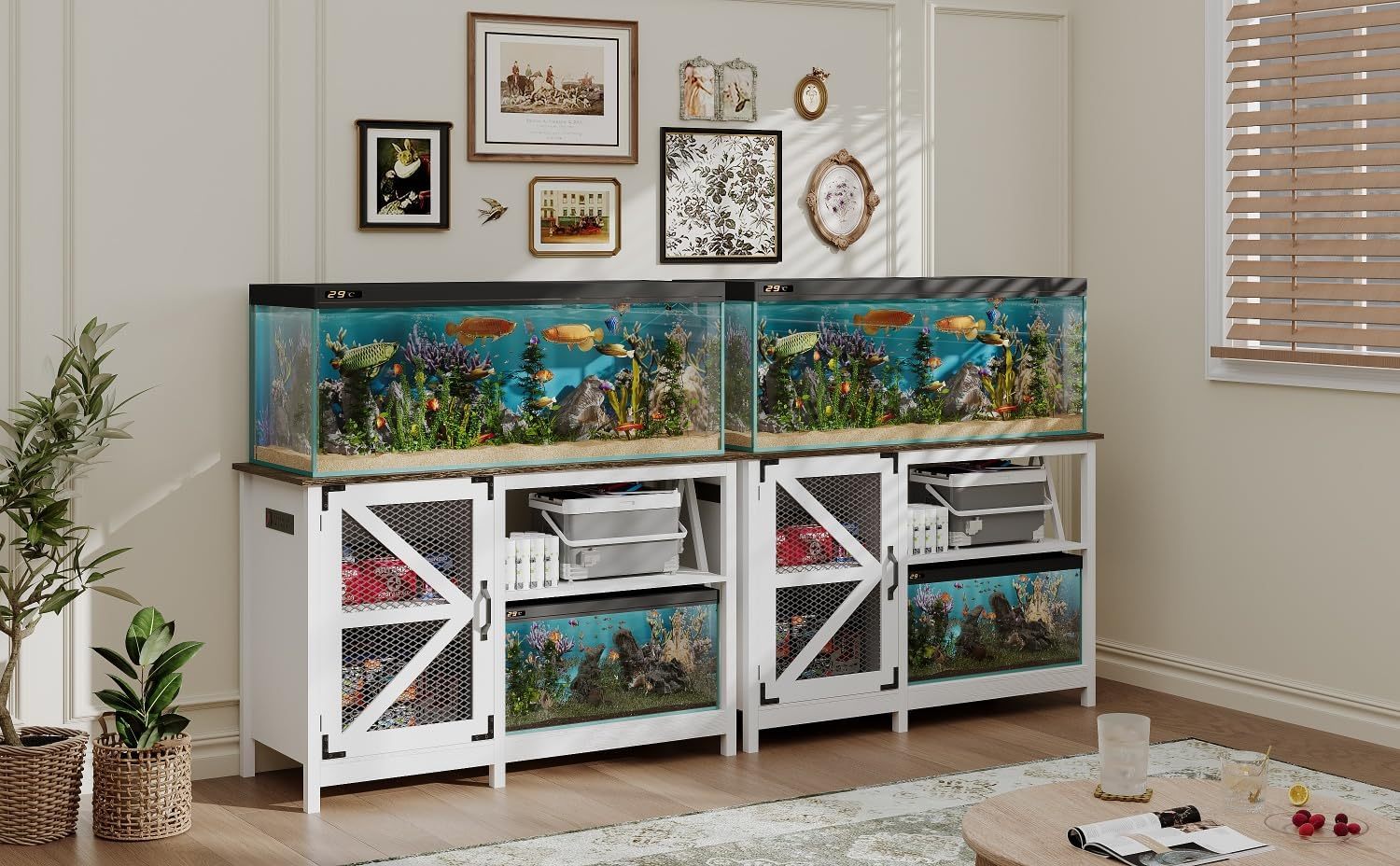 55-75 Gallon Fish Tank Stand with Power Outlets, Farmhouse Aquarium Stand with Cabinet Storage