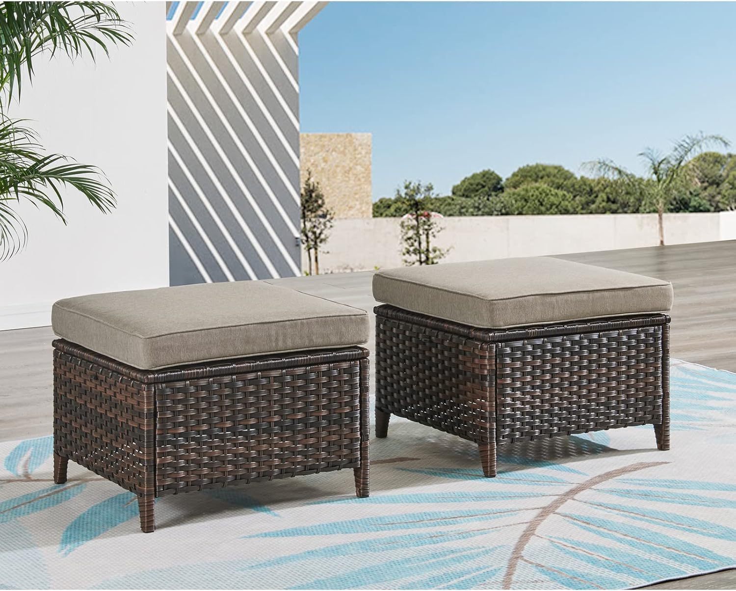 Outdoor Ottomans for Patio Set of 2 PE Wicker Steel Frame Outdoor Footstool for Patio, Backyard, Additional Seating, Side Tables with Removable Weather-Resistant Cushions