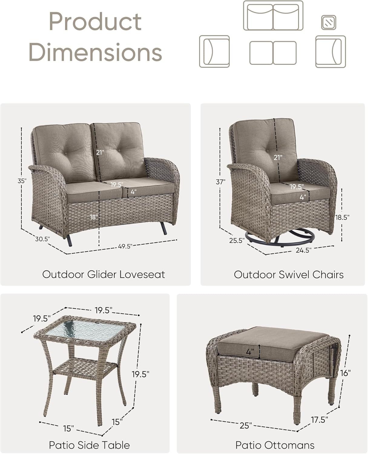 6 Pieces Patio Furniture Set-Patio Glider Loveseat with Rattan Outdoor Swivel Chairs Outdoor Conversation Furniture Set