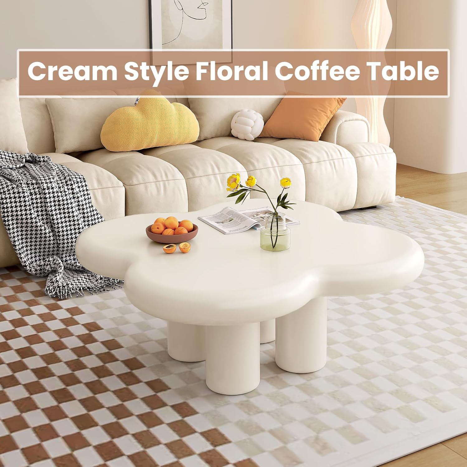 33.46" White Coffee Table, Funky Floral-Shaped Coffee Table Living Room, Bedroom, Home Office, Balcony or Lounge