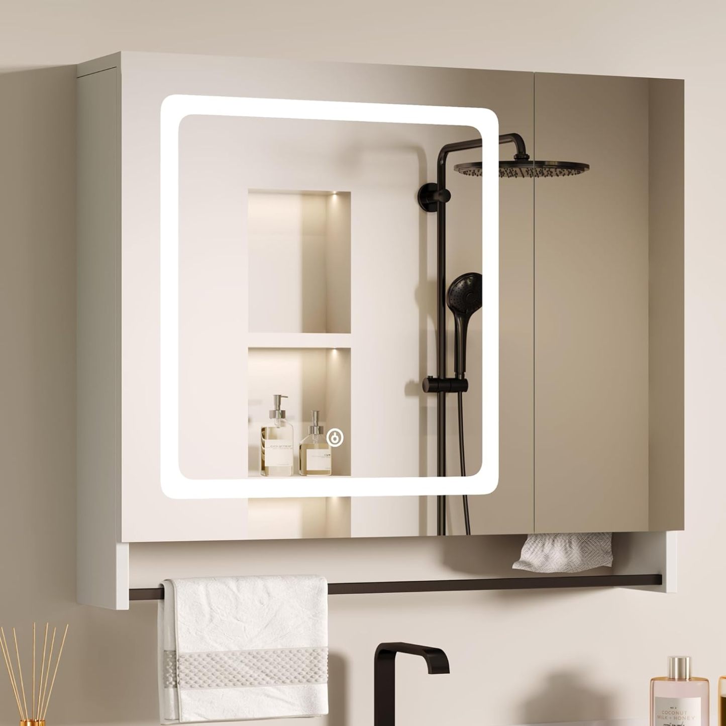 Lighted Medicine Cabinet with Mirror, Bathroom Wall Cabinet with Mirror Doors